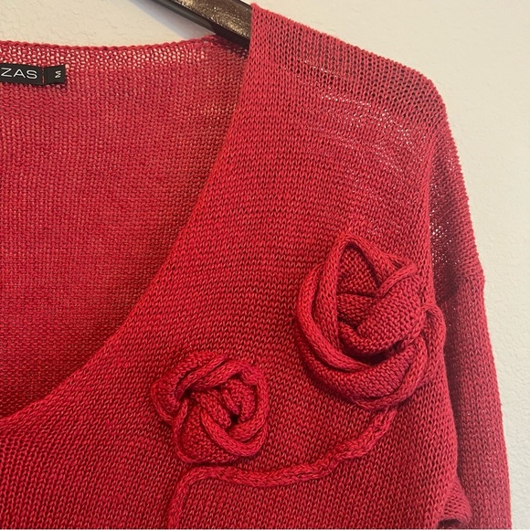 Grizas 100%Linen knit tunic sweater, loose knit, roses appliquee, 3/4 sleeves, M - Picture 11 of 12